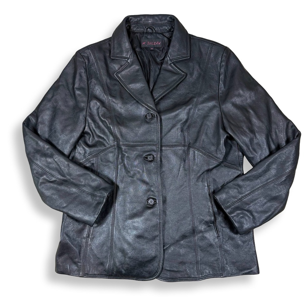 M. Julian Womens Black‎ Leather Blazer Jacket 3-Button Coat XL Y2K 90s